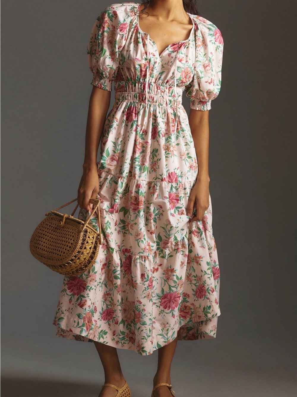 Anthropologie Somerset Pink Floral Tiered Midi Dress with Puff Sleeves